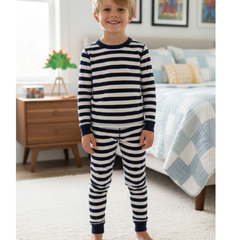 Hanna Andersson Boys 100% Organic Cotton Navy Blue, White Striped Pajama Set 6-7